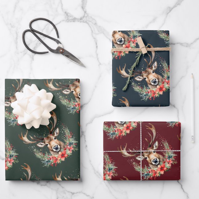 Feuille De Papier Cadeau Rennes de Noël florales (Recto)