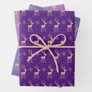 Feuille De Papier Cadeau Rennes de Noël pourpres modernes