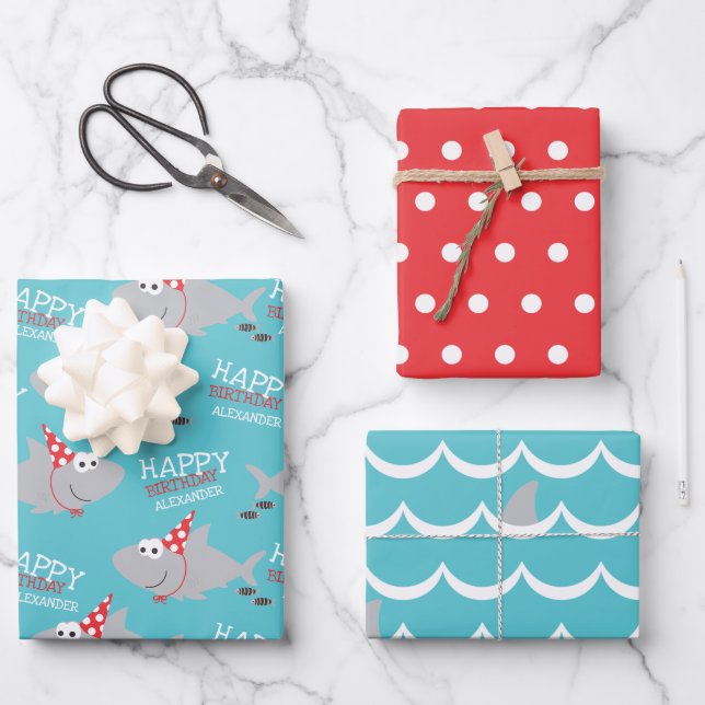 Feuille De Papier Cadeau Requin Joyeux Anniversaire Nom Enveloppement Feuil (Recto)