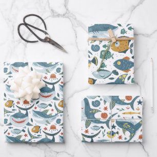 Feuille De Papier Cadeau Requin mignon et Motif de poisson