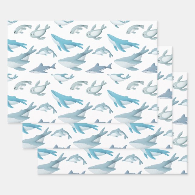 Feuille De Papier Cadeau Requins, baleines, dauphins, phoques en blanc (Lot)