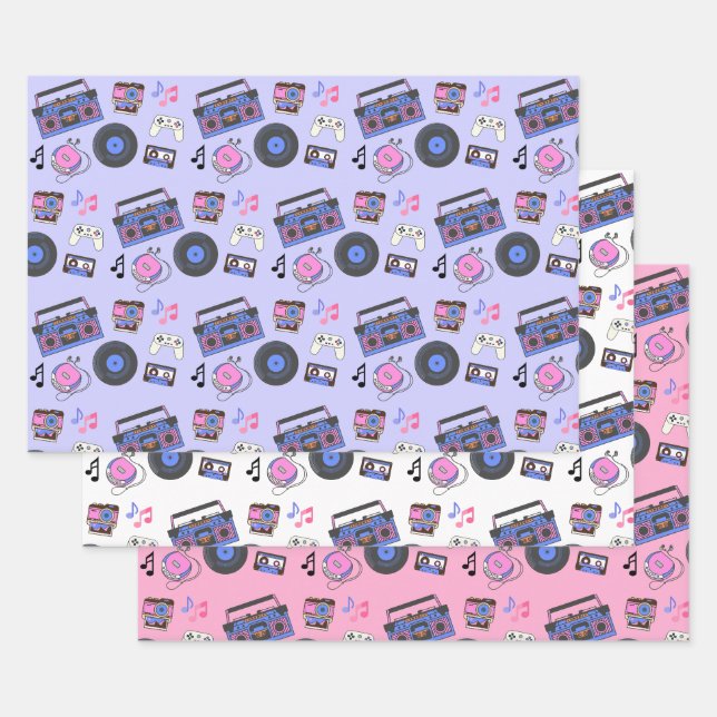 Feuille De Papier Cadeau Retro 1980's Era Music Anniversaire (Lot)