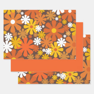 Feuille De Papier Cadeau Retro 60s les années 70 Floral Pattern Orange et B