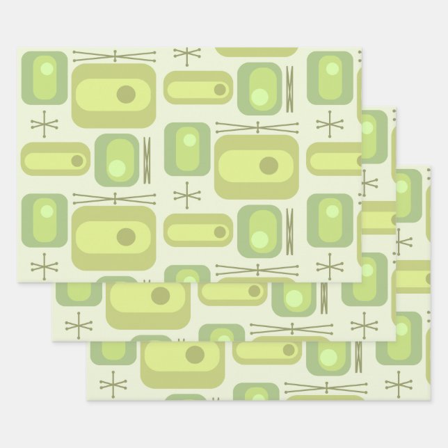 Feuille De Papier Cadeau Rétro l'âge atomique formes Chartreuse (Lot)