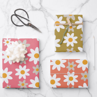 Feuille De Papier Cadeau Retro Super Daisy Motif orange rose vert