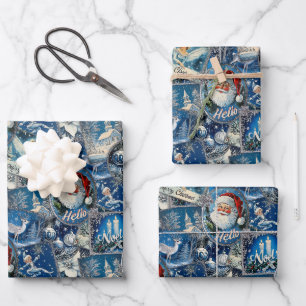 Feuille De Papier Cadeau Retro Vintage Noël : Collage Bleu