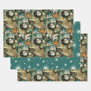 Feuille De Papier Cadeau Retro Vintage Noël : Collage Vert