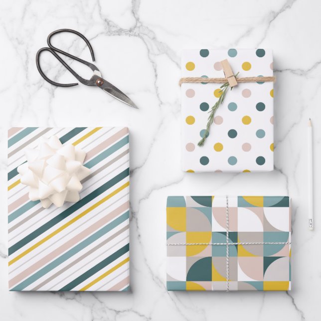 Feuille De Papier Cadeau RetroMod Patterns Aqua Teal Blue Blush Pink Yellow (Recto)