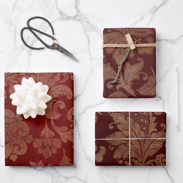 Feuille De Papier Cadeau Riche Bourgogne Rouge et Or Damas (Recto)