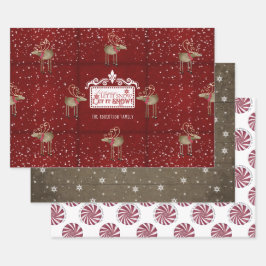 Feuille De Papier Cadeau Rindeer de Noël rustique laissez-le neiger Pepperm