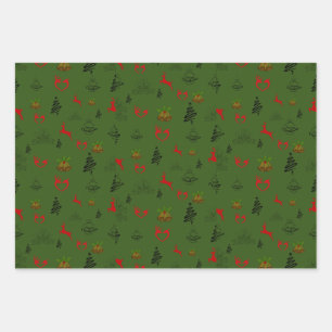 Feuille De Papier Cadeau Rindeer rouge vert et or