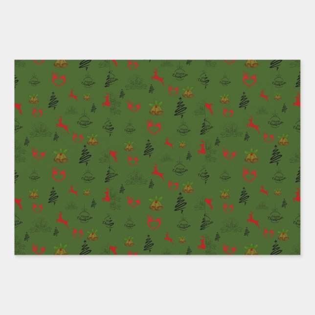 Feuille De Papier Cadeau Rindeer rouge vert et or (Devant)
