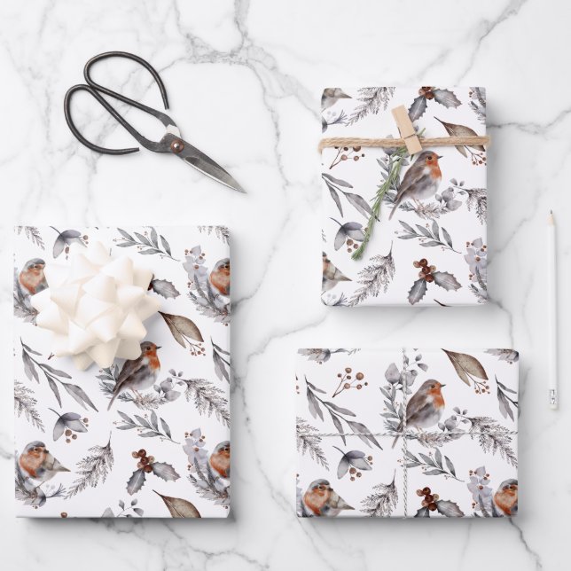 Feuille De Papier Cadeau Robin Bird Bois Végétation Noël (Recto)