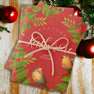 Feuille De Papier Cadeau Robin Birds Holly Berry Red