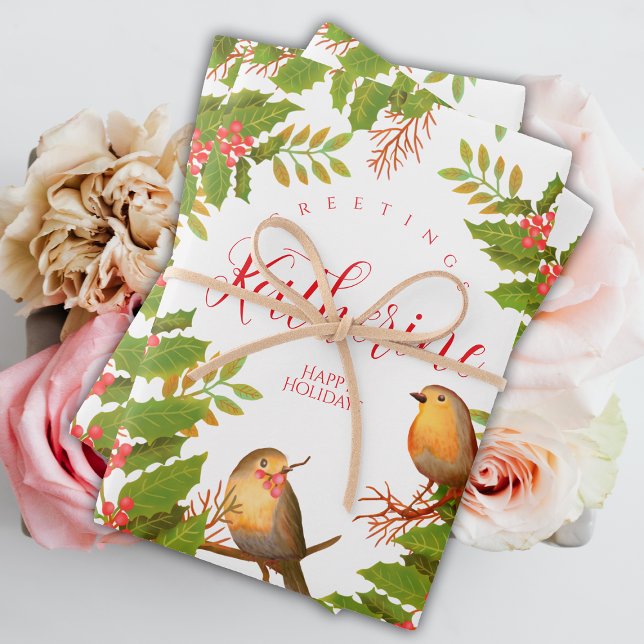 Feuille De Papier Cadeau Robin Birds Holly Berry White (Lovely Robin Birds Holly Berry Design.)