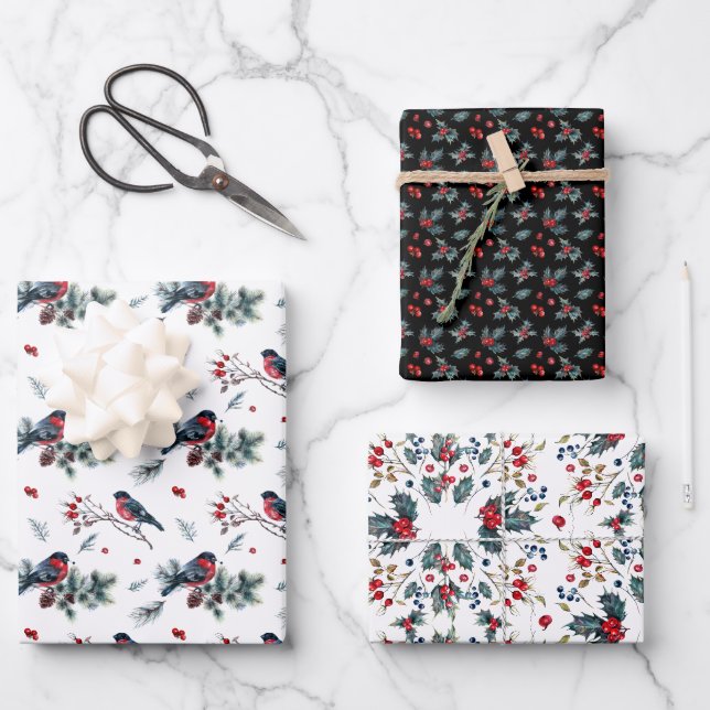 Feuille De Papier Cadeau Robins et Noël Holly Coordonné (Recto)