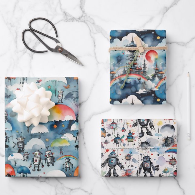Feuille De Papier Cadeau Robots Sci-Fi Rétro Dans L'Espace (Recto)