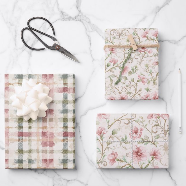 Feuille De Papier Cadeau Romantic Pink Cream Floral (Recto)