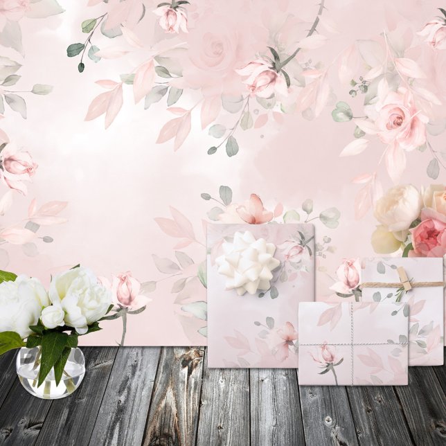 Feuille De Papier Cadeau Romantique Blush Secret Jardin Rose Roses Mariage  (Romantic Blush Secret Garden Pink Roses Wedding 2 Wrapping Paper Sheets Trio)
