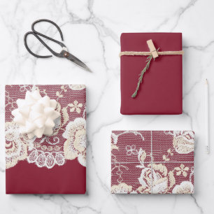 Feuille De Papier Cadeau Romantique Crème rouge Blanche dentelle Mariage fl