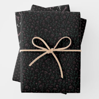 Feuille De Papier Cadeau romantique fleuri élégant noir et rose pastel, FR