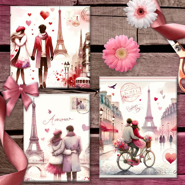 Feuille De Papier Cadeau Romantique Retro Paris Aimer rose (Wrapping paper featuring elegant retro watercolor designs with a romantic couple in Paris)
