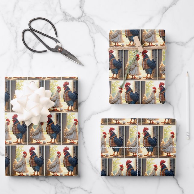 Feuille De Papier Cadeau Rooster et Humour Hen (Recto)