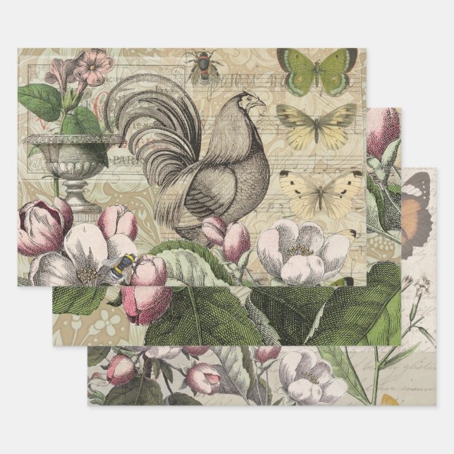Feuille De Papier Cadeau Rooster Garden Flower Papillon Art (Lot)