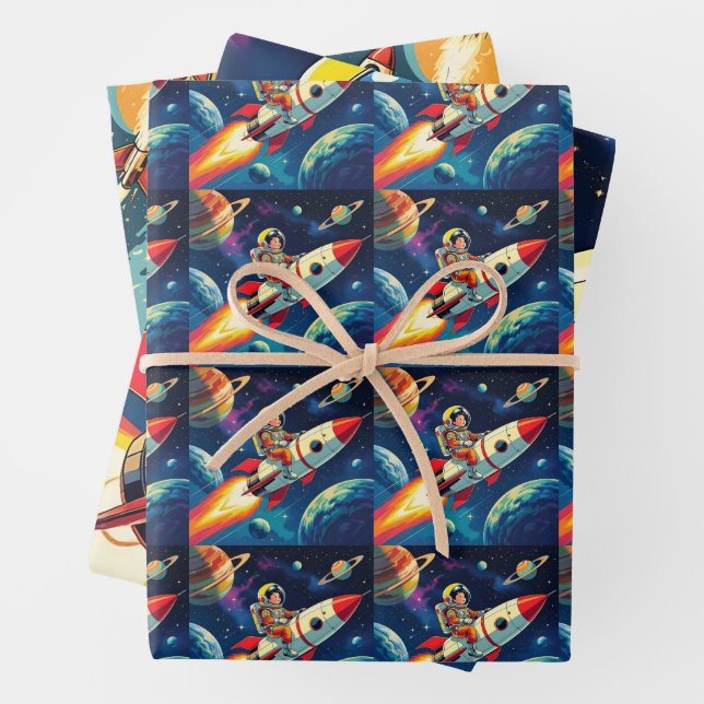 Feuille De Papier Cadeau Roquettes mignonnes en astronaute spatiale Anniver (En situation)