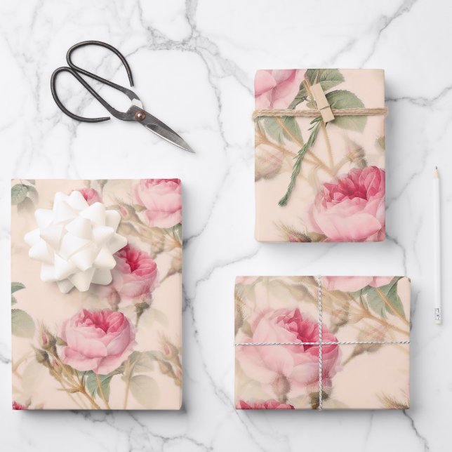 Feuille De Papier Cadeau Rose anglais, fleurs motif grand  (Recto)