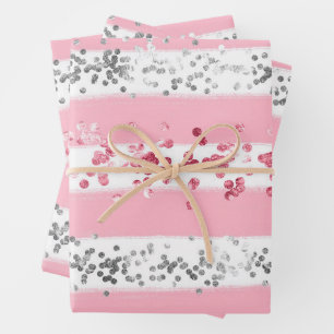 Feuille De Papier Cadeau Rose Blanc Gris Paillettes Anniversaire Baby Showe