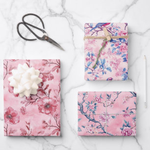 Feuille De Papier Cadeau Rose Bleu Toile Chinoiserie Florales Anniversaire 