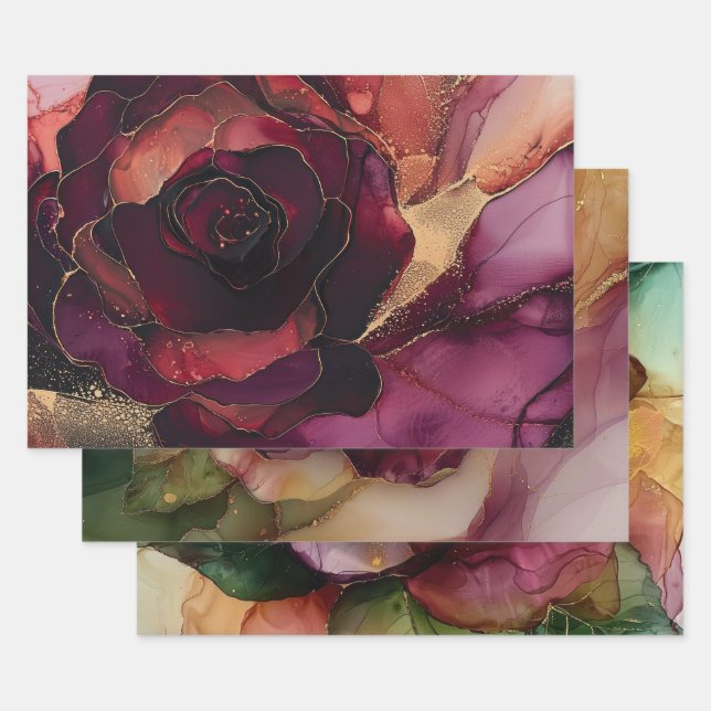 Feuille De Papier Cadeau Rose Bourgogne Fleur Or  (Lot)