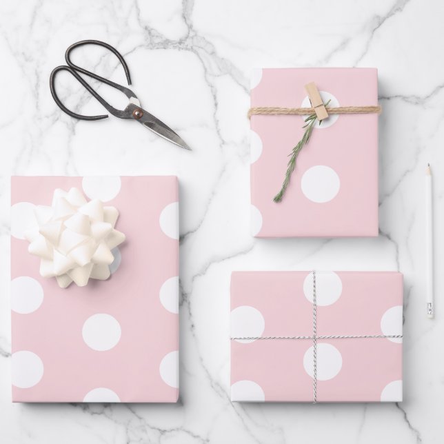Feuille De Papier Cadeau Rose doux avec Pois blancs (Recto)