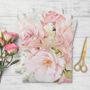 Feuille De Papier Cadeau Rose Élégante Pivoine Fleurie Marbre Paillettes