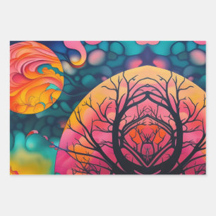 Feuille De Papier Cadeau rose et or pleine lune Arbre Silhouette