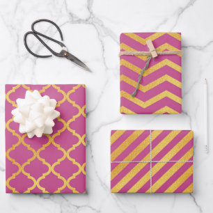 Feuille De Papier Cadeau Rose foncé avec Motifs couleur or