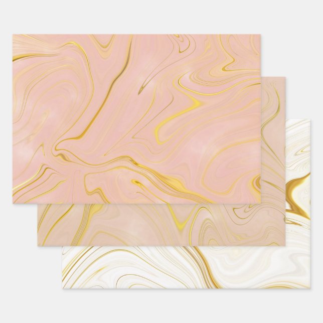 Feuille De Papier Cadeau Rose Gold Marble Agate Pailleté (Lot)