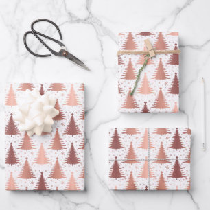 Feuille De Papier Cadeau Rose métallique Motif de Noël Arbres de Noël Or