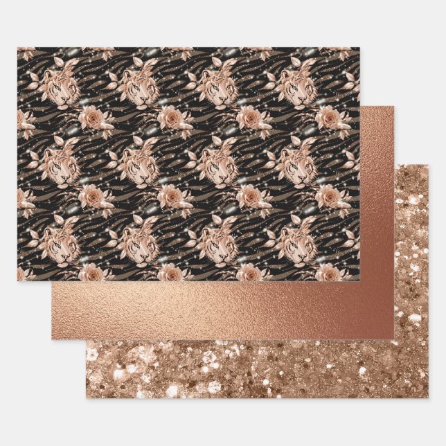 Feuille De Papier Cadeau Rose noire Glam fleur de tigre pailletée (Lot)