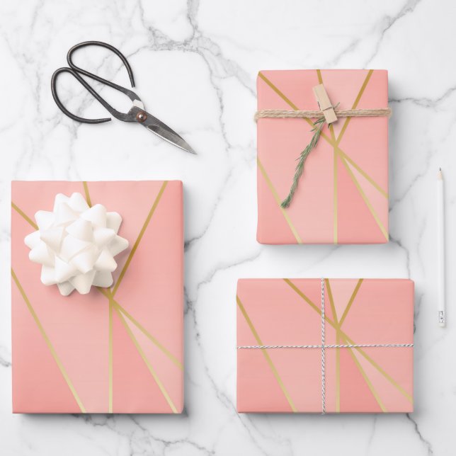 Feuille De Papier Cadeau Rose pâle Avec Lignes D'Or (Recto)