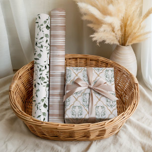 Feuille De Papier Cadeau Rose pastel mariage floral élégant rayures