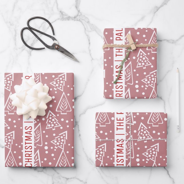 Feuille De Papier Cadeau Rose poussiéreux et arbres blancs de Noël et nom (Recto)