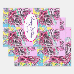Feuille De Papier Cadeau Rose Rose fleurie Aquarelle Aquarelle Anniversaire