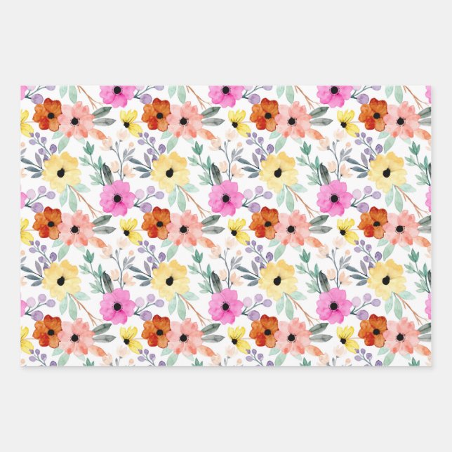 Feuille De Papier Cadeau Rose, Rouge, Fleurs Florales Jaunes Aquarelle (Devant)