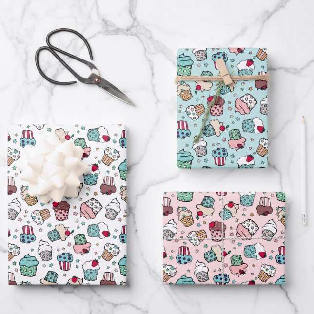 Feuille De Papier Cadeau Rose Turquoise mignonne Motif Cupcake (Recto)