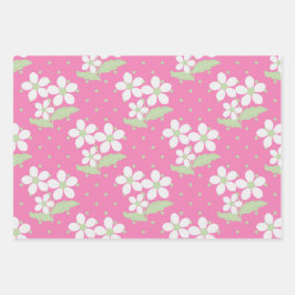 FEUILLE DE PAPIER CADEAU ROSE VERTE FLEURS BLANC JOUR & POIS