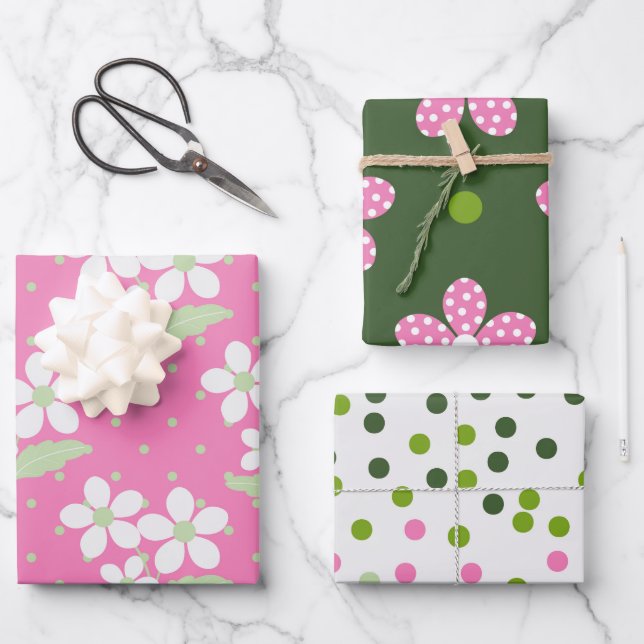 FEUILLE DE PAPIER CADEAU ROSE VERTE FLEURS BLANC JOUR & POIS (Recto)