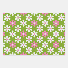 FEUILLE DE PAPIER CADEAU ROSE VERTE JOUR BLANC FLEURS & STRIPES