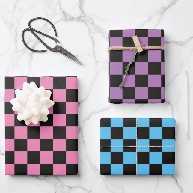 Feuille De Papier Cadeau Rose violet bleu À damiers (Recto)